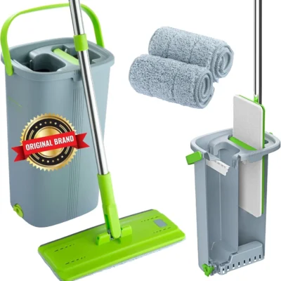 Mop and Bucket Set - Easy Gleam Floor Flat Mop with 2-Chamber Bucket-Green
