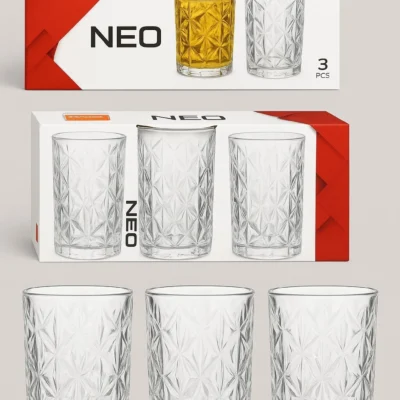 Set of 3 Drinking Glasses 335ml Clear Hiball Tumblers for Juice or Soft Drinks